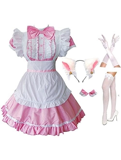 GRAJTCIN Women's Cat Ear French Maid Costume with Apron, 5 Pieces Fancy Dress for Halloween Cosplay