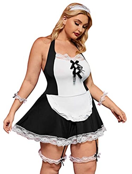 ROMWE Women's Plus Size Lingeire Sexy French Maid Outfit Stretchy Cosplay Lace Outfit Sets