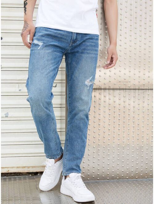 Buy Shein Men Stone Washed Ripped Straight Leg Jeans online | Topofstyle