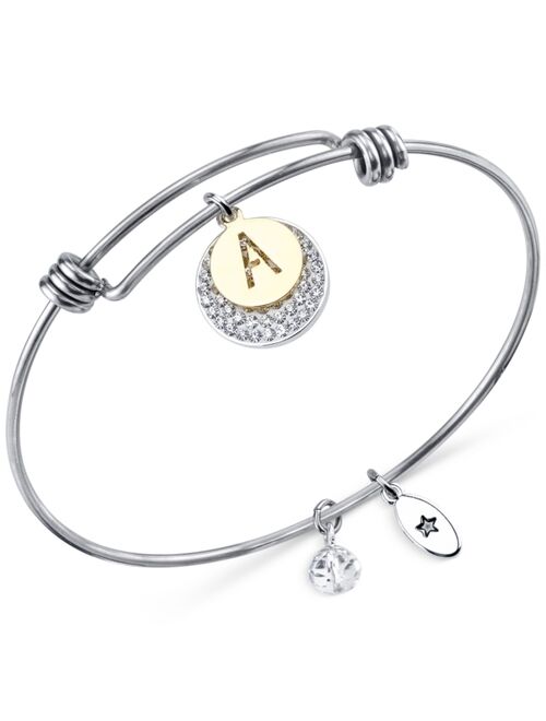 Unwritten Pave and Initial Disc Bangle Bracelet in Stainless Steel and Silver Plated