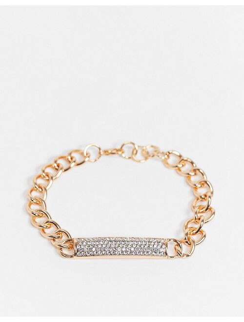 Ego chunky chain bracelet with diamante ID tag in gold