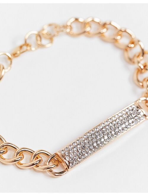 Ego chunky chain bracelet with diamante ID tag in gold