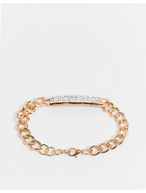 Ego chunky chain bracelet with diamante ID tag in gold