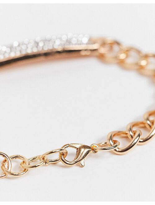 Ego chunky chain bracelet with diamante ID tag in gold