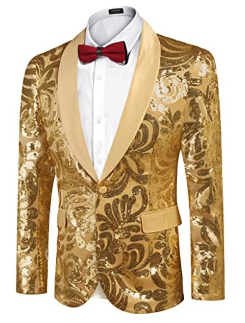 COOFANDY Men's Shiny Sequins Blazer Floral Suit Jacket Stylish  Party,Wedding,Banquet,Prom Tuxedo Suit