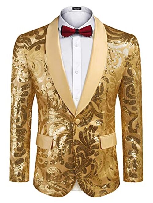 COOFANDY Men's Shiny Sequins Blazer Floral Suit Jacket Stylish  Party,Wedding,Banquet,Prom Tuxedo Suit