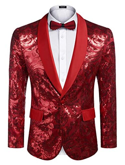 COOFANDY Men's Shiny Sequins Blazer Floral Suit Jacket Stylish  Party,Wedding,Banquet,Prom Tuxedo Suit