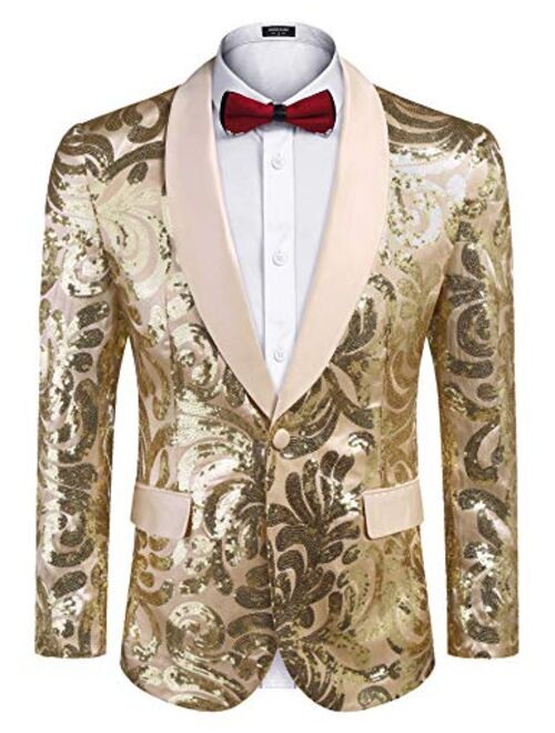 COOFANDY Men's Shiny Sequins Blazer Floral Suit Jacket Stylish  Party,Wedding,Banquet,Prom Tuxedo Suit