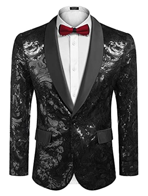 COOFANDY Men's Shiny Sequins Blazer Floral Suit Jacket Stylish  Party,Wedding,Banquet,Prom Tuxedo Suit