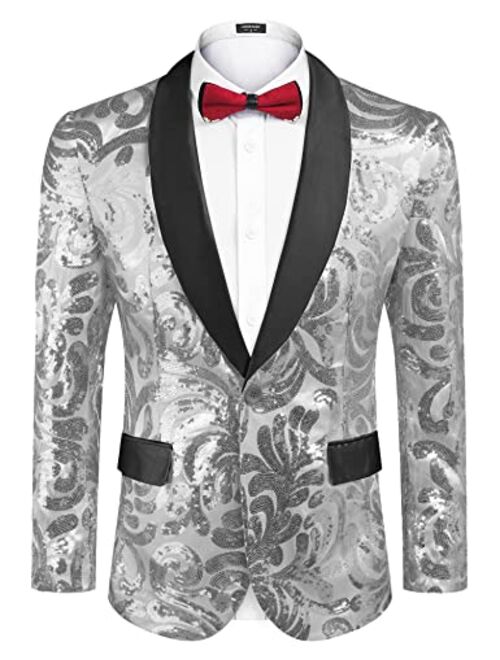 COOFANDY Men's Shiny Sequins Blazer Floral Suit Jacket Stylish  Party,Wedding,Banquet,Prom Tuxedo Suit