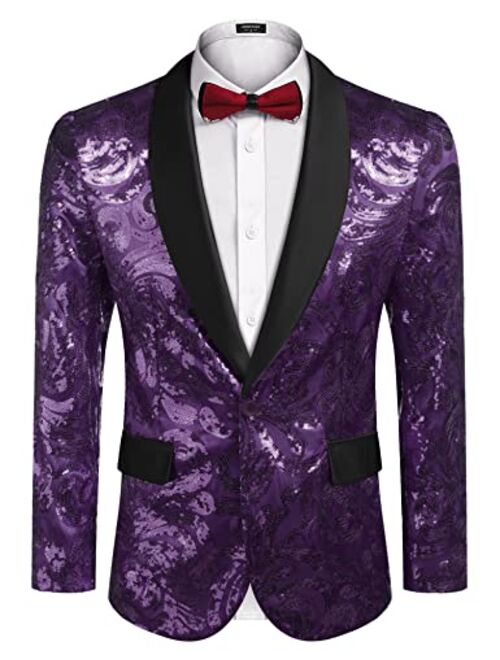 COOFANDY Men's Shiny Sequins Blazer Floral Suit Jacket Stylish  Party,Wedding,Banquet,Prom Tuxedo Suit