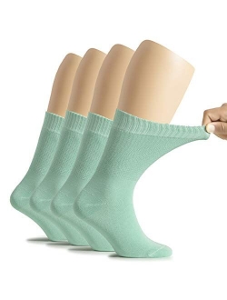 Hugh Ugoli Women's Bamboo Diabetic Crew Socks, Thin, Loose Fit, Soft, Wide Stretchy, Seamless Toe, 4 Pairs