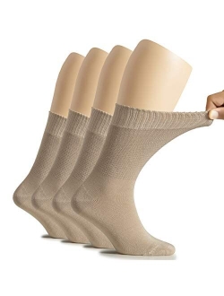 Hugh Ugoli Women's Bamboo Diabetic Crew Socks, Thin, Loose Fit, Soft, Wide Stretchy, Seamless Toe, 4 Pairs