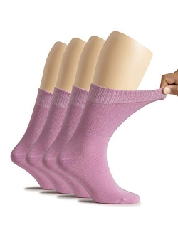 Hugh Ugoli Women's Bamboo Diabetic Crew Socks, Thin, Loose Fit, Soft, Wide Stretchy, Seamless Toe, 4 Pairs