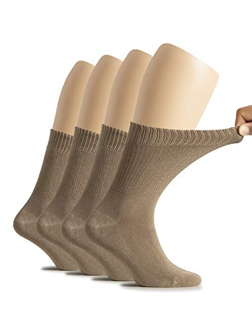 Hugh Ugoli Women's Bamboo Diabetic Crew Socks, Thin, Loose Fit, Soft, Wide Stretchy, Seamless Toe, 4 Pairs