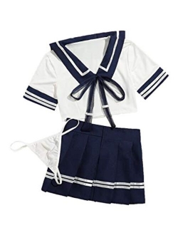 DIDK Women's 3Pcs Cute Adult Uniform Schoolgirl Costume Lingerie Set with Thong