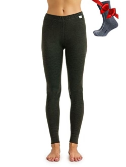 Merino Wool Base Layer Women Pants 100% Merino Wool Leggings Thermal Underwear Bottoms Light, Mid, Heavyweight + Wool Socks