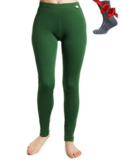 Merino Wool Base Layer Women Pants 100% Merino Wool Leggings Thermal Underwear Bottoms Light, Mid, Heavyweight + Wool Socks