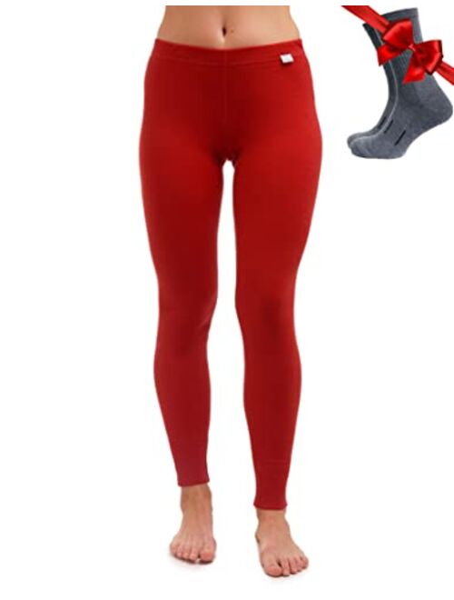 Merino Wool Base Layer Women Pants 100% Merino Wool Leggings Thermal Underwear Bottoms Light, Mid, Heavyweight + Wool Socks