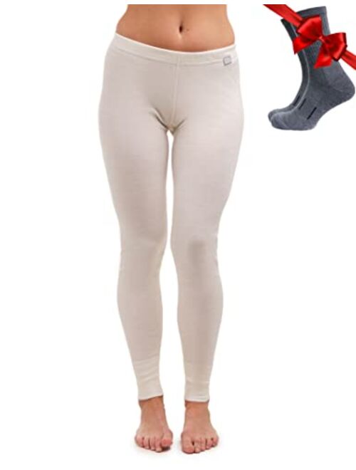 Merino Wool Base Layer Women Pants 100% Merino Wool Leggings Thermal Underwear Bottoms Light, Mid, Heavyweight + Wool Socks