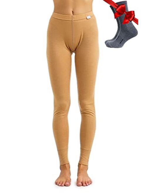 Merino Wool Base Layer Women Pants 100% Merino Wool Leggings Thermal Underwear Bottoms Light, Mid, Heavyweight + Wool Socks