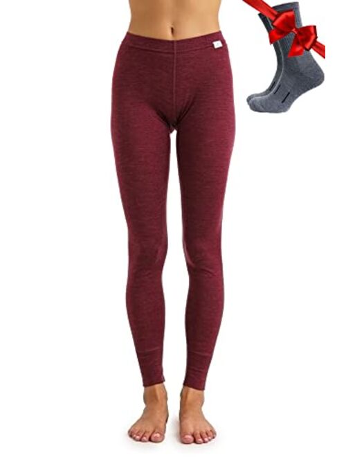 Merino Wool Base Layer Women Pants 100% Merino Wool Leggings Thermal Underwear Bottoms Light, Mid, Heavyweight + Wool Socks