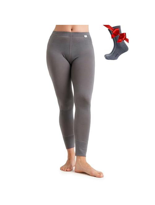 Merino Wool Base Layer Women Pants 100% Merino Wool Leggings Thermal Underwear Bottoms Light, Mid, Heavyweight + Wool Socks