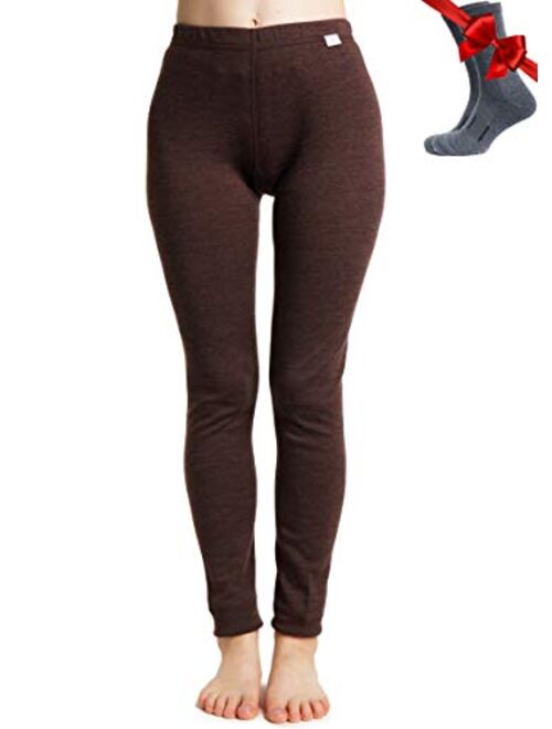 Merino Wool Base Layer Women Pants 100% Merino Wool Leggings Thermal Underwear Bottoms Light, Mid, Heavyweight + Wool Socks