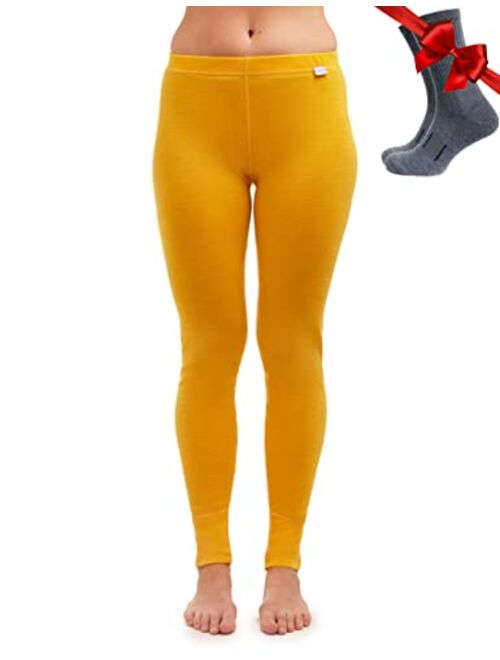 Merino Wool Base Layer Women Pants 100% Merino Wool Leggings Thermal Underwear Bottoms Light, Mid, Heavyweight + Wool Socks