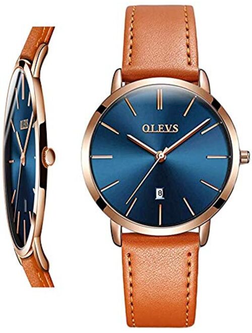 OLEVS Women Wrist Watches Ultra Thin 6.5mm Minimalist Dress Fashion Quartz Waterproof Date Day Leather Strap Slim Watches for Ladies