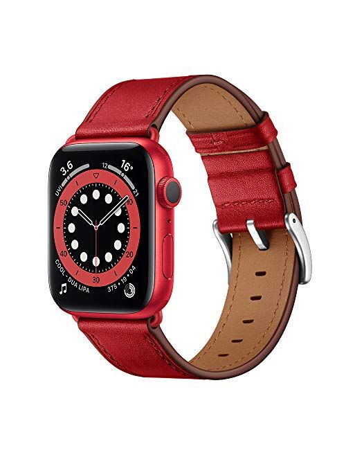 OUHENG Compatible with Apple Watch Band 41mm 40mm 38mm, Genuine Leather Band Replacement Strap Compatible with Apple Watch Series 7/6/5/4/3/2/1/SE, Army Green Band with B