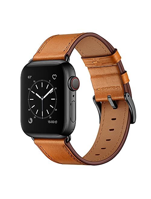 OUHENG Compatible with Apple Watch Band 41mm 40mm 38mm, Genuine Leather Band Replacement Strap Compatible with Apple Watch Series 7/6/5/4/3/2/1/SE, Army Green Band with B