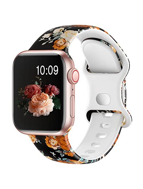 OriBear Watch Band Compatible with Apple Watch Bands 38mm 40mm 41mm Elegant Floral iWatch Bands for Women, Soft Silicone Pattern Printed Replacement Strap for Apple Watch