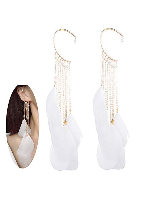 Daimay Ear Crawler Climber Womens Tassel Feather Long Ear Wrap Charm Cuff Earring Non Pierced Drop Dangle Earrings for Women – White