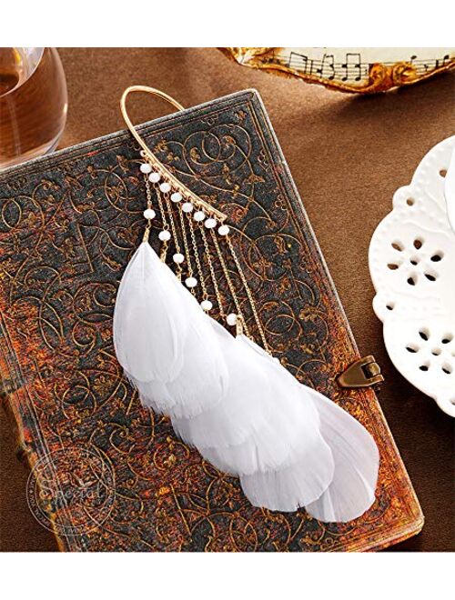 Daimay Ear Crawler Climber Womens Tassel Feather Long Ear Wrap Charm Cuff Earring Non Pierced Drop Dangle Earrings for Women – White