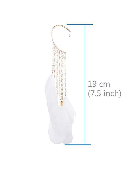 Daimay Ear Crawler Climber Womens Tassel Feather Long Ear Wrap Charm Cuff Earring Non Pierced Drop Dangle Earrings for Women – White