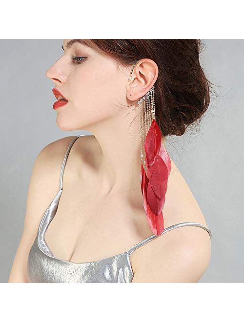 Daimay Ear Crawler Climber Womens Tassel Feather Long Ear Wrap Charm Cuff Earring Non Pierced Drop Dangle Earrings for Women – White