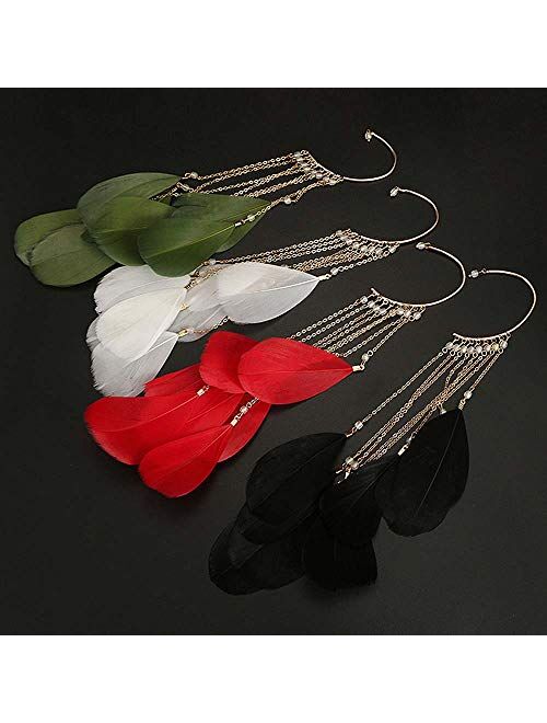 Daimay Ear Crawler Climber Womens Tassel Feather Long Ear Wrap Charm Cuff Earring Non Pierced Drop Dangle Earrings for Women – White