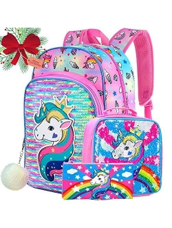 AGSDON 3PCS Kids Backpacks for Girls, 16" Little Kid Flamingo Sequin Preschool School Bookbags and Lunch Box