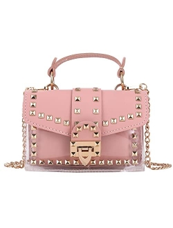 Qiayime Purses and Handbags for Women Fashion PU Leather Top Handle Chain transparent Crystal Rivet Satchel Shoulder Tote clutch Bag