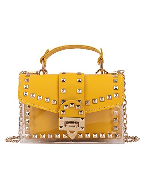 Qiayime Purses and Handbags for Women Fashion PU Leather Top Handle Chain transparent Crystal Rivet Satchel Shoulder Tote clutch Bag