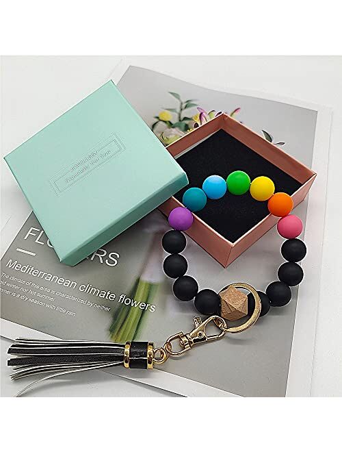 Silicone Keychain Bracelet for Women Beaded Keyring Wristlet House Car Keys Ring Holder with Gift Box