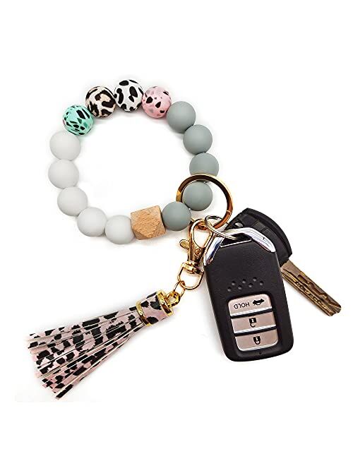 Silicone Keychain Bracelet for Women Beaded Keyring Wristlet House Car Keys Ring Holder with Gift Box