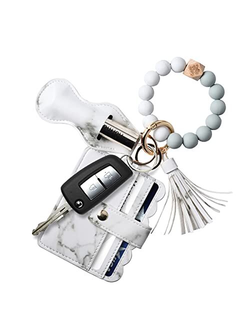 Women Wristlet Bracelet Keychain Wallet,Silicone Beaded Bangle Keyring Tassel