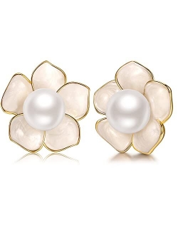 Stud Earings 14K Gold Plated 925 Sterling Silver Post Rose Flower & Pearl Stud Earrings for Women