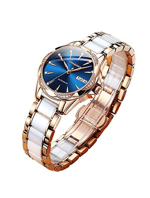 Women's Luxury Automatic Watches, Classy Large Face Mother of Pearl Dial Diamond Watches for Women, 50M Waterproof Day-Date Sapphire Crystal, Two Tone Ceramic Stainless S