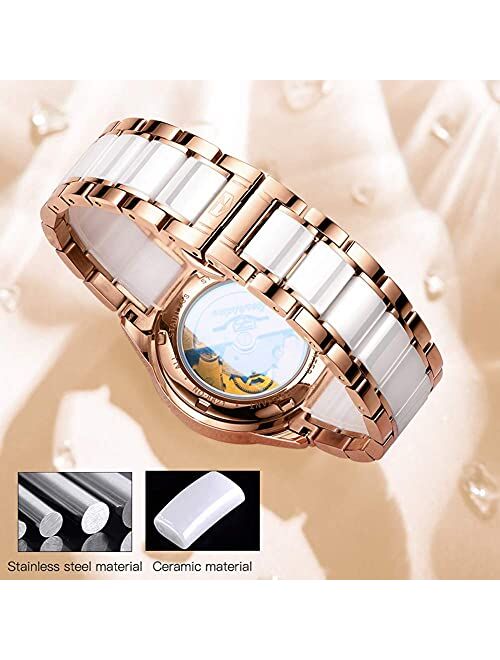 Women's Luxury Automatic Watches, Classy Large Face Mother of Pearl Dial Diamond Watches for Women, 50M Waterproof Day-Date Sapphire Crystal, Two Tone Ceramic Stainless S