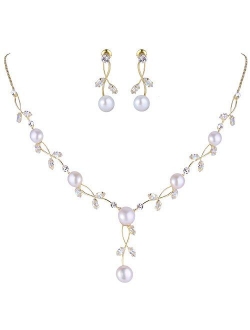 EVER FAITH CZ Crystal Cream Simulated Pearl Floral Vine Filigree Necklace Earrings Set