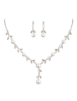 EVER FAITH CZ Crystal Cream Simulated Pearl Floral Vine Filigree Necklace Earrings Set