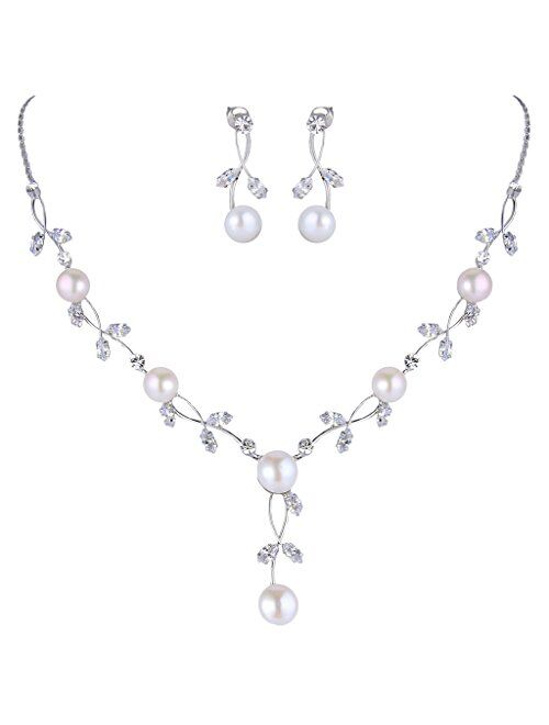 EVER FAITH CZ Crystal Cream Simulated Pearl Floral Vine Filigree Necklace Earrings Set